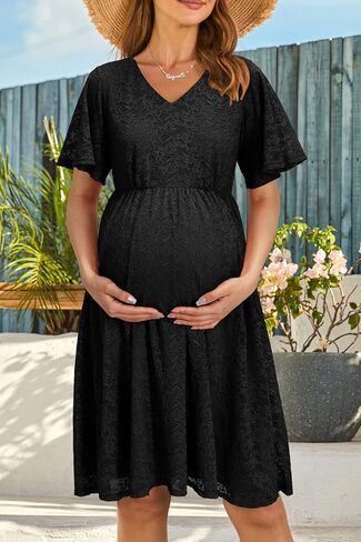 فستان أمومة من OUGES للسيدات 2023 مزين بالدانتيل بأكمام قصيرة ورقبة على شكل V لالتقاط الصور عند استحمام الطفل فستان متوسط ​​الطول للحمل in Kuwait