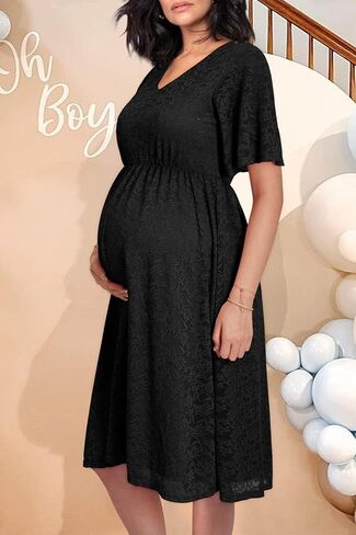 فستان أمومة من OUGES للسيدات 2023 مزين بالدانتيل بأكمام قصيرة ورقبة على شكل V لالتقاط الصور عند استحمام الطفل فستان متوسط ​​الطول للحمل in Kuwait