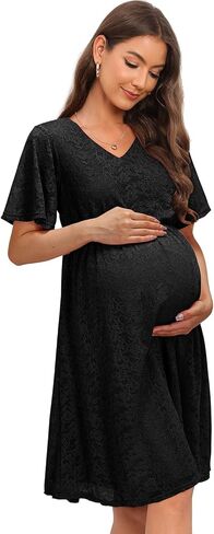 فستان أمومة من OUGES للسيدات 2023 مزين بالدانتيل بأكمام قصيرة ورقبة على شكل V لالتقاط الصور عند استحمام الطفل فستان متوسط ​​الطول للحمل in Kuwait