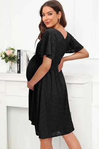 فستان أمومة من OUGES للسيدات 2023 مزين بالدانتيل بأكمام قصيرة ورقبة على شكل V لالتقاط الصور عند استحمام الطفل فستان متوسط ​​الطول للحمل in Kuwait