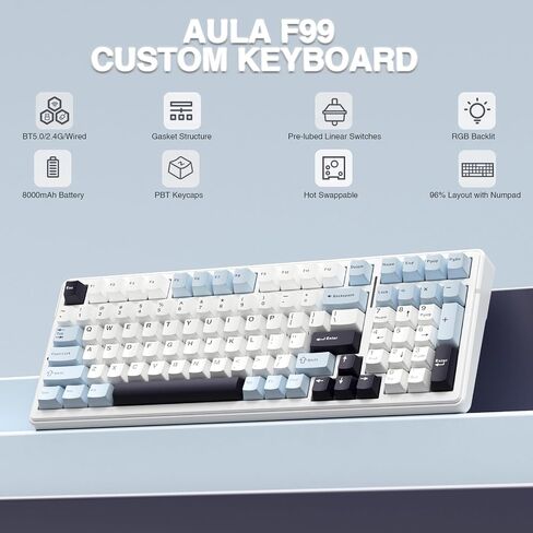 AULA F99 Wireless Mechanical Keyboard, Hot Swappable Custom Keyboard,Pre-lubed Linear Switches,Gasket Structure,RGB Backlit Gaming Keyboard (Blue&White) in Kuwait