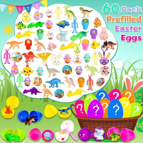 60 قطعة من بيض عيد الفصح المملوء مسبقًا مع ألعاب بالداخل، هدايا حشو سلة عيد الفصح للأطفال الصغار، حشو بيض عيد الفصح في بيض عيد الفصح البلاستيكي المملوء، هدايا حفلات عيد الفصح جائزة صيد بيض عيد الفصح في الفصل الدراسي in Kuwait