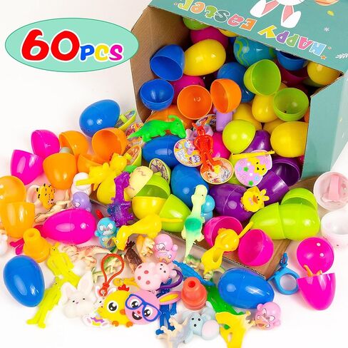 60 قطعة من بيض عيد الفصح المملوء مسبقًا مع ألعاب بالداخل، هدايا حشو سلة عيد الفصح للأطفال الصغار، حشو بيض عيد الفصح في بيض عيد الفصح البلاستيكي المملوء، هدايا حفلات عيد الفصح جائزة صيد بيض عيد الفصح في الفصل الدراسي in Kuwait