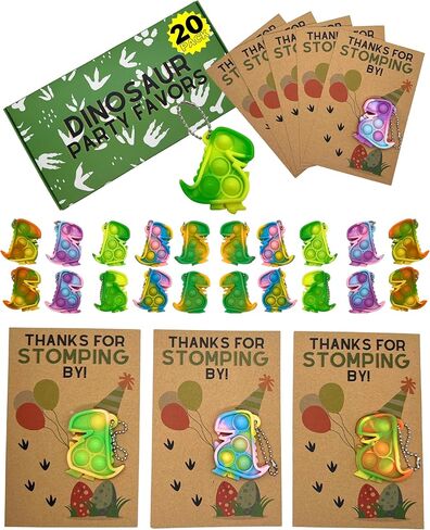 حزمة هدايا حفلات الديناصورات: 20 بطاقة شكر على الدوس مع لعبة دينو بوب إت فيدجيت، حشوات حقائب جودي - للأطفال والأطفال الصغار والأولاد والبنات وأعياد ميلاد الديناصورات والديكورات واللوازم in Kuwait