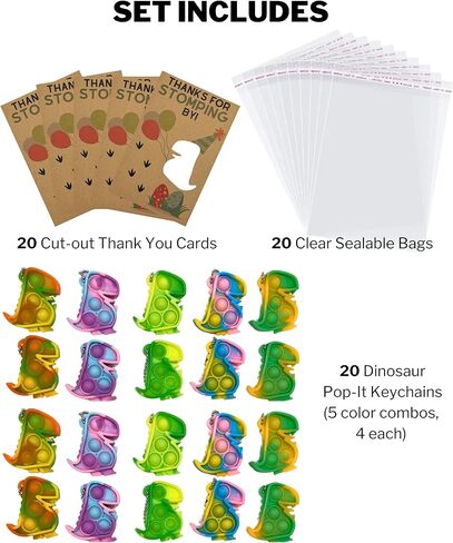 حزمة هدايا حفلات الديناصورات: 20 بطاقة شكر على الدوس مع لعبة دينو بوب إت فيدجيت، حشوات حقائب جودي - للأطفال والأطفال الصغار والأولاد والبنات وأعياد ميلاد الديناصورات والديكورات واللوازم in Kuwait