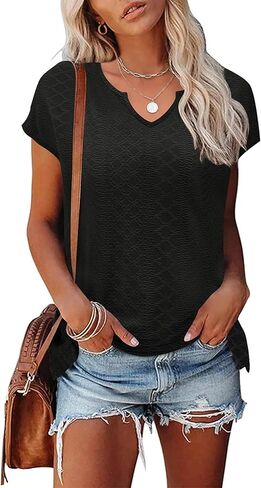 تي شيرت نسائي كاجوال بأكمام قصيرة من LUYAA برقبة على شكل حرف V وبلوزات تونيك فضفاضة صيفية أساسية in Kuwait