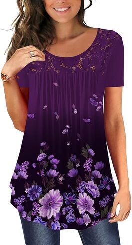 BeadChica Women's Casual Tunic Tops To Wear With Leggings Short Sleeve Flare Summer Loose TShirts Flowy Lace Blouses in Saudi Arabia