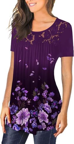 BeadChica Women's Casual Tunic Tops To Wear With Leggings Short Sleeve Flare Summer Loose TShirts Flowy Lace Blouses in Saudi Arabia