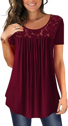 BeadChica Women's Casual Tunic Tops To Wear With Leggings Short Sleeve Flare Summer Loose TShirts Flowy Lace Blouses in Saudi Arabia