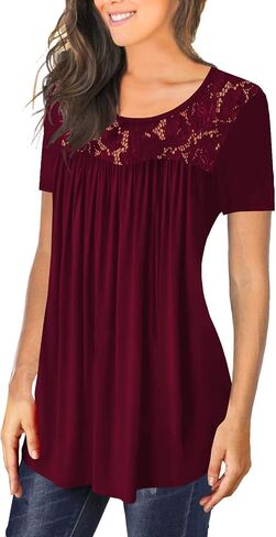 BeadChica Women's Casual Tunic Tops To Wear With Leggings Short Sleeve Flare Summer Loose TShirts Flowy Lace Blouses in Saudi Arabia
