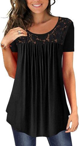 BeadChica Women's Casual Tunic Tops To Wear With Leggings Short Sleeve Flare Summer Loose TShirts Flowy Lace Blouses in Saudi Arabia