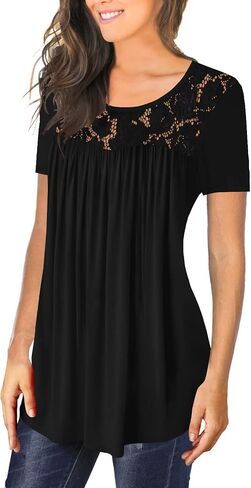 BeadChica Women's Casual Tunic Tops To Wear With Leggings Short Sleeve Flare Summer Loose TShirts Flowy Lace Blouses in Saudi Arabia