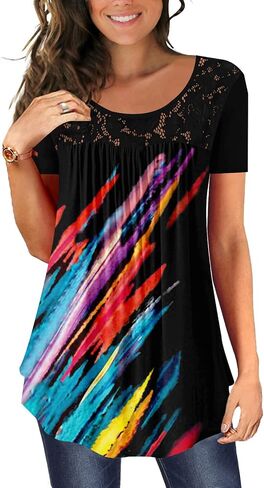 BeadChica Women's Casual Tunic Tops To Wear With Leggings Short Sleeve Flare Summer Loose TShirts Flowy Lace Blouses in Saudi Arabia
