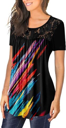 BeadChica Women's Casual Tunic Tops To Wear With Leggings Short Sleeve Flare Summer Loose TShirts Flowy Lace Blouses in Saudi Arabia