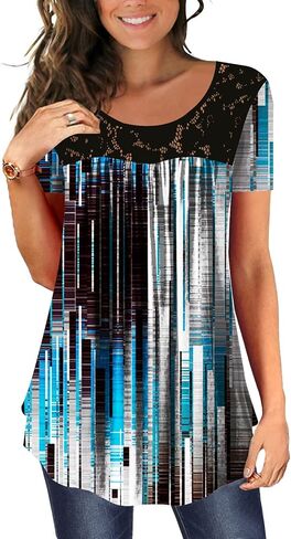 BeadChica Women's Casual Tunic Tops To Wear With Leggings Short Sleeve Flare Summer Loose TShirts Flowy Lace Blouses in Saudi Arabia