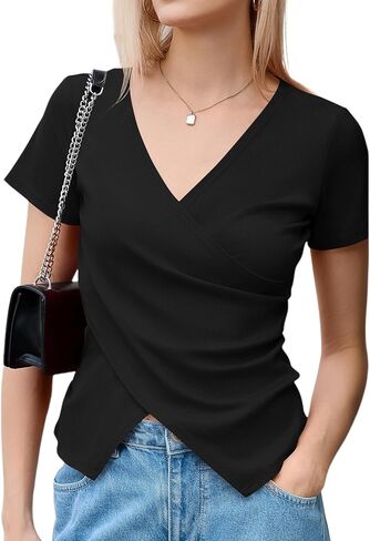 Micoson Women's Cross Wrap Tops Summer Deep V Neck T Shirts Casual Sexy Knit Short Sleeve Blouses Slim Fit Ruched Shirts in Saudi Arabia
