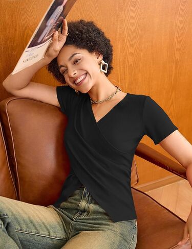 Micoson Women's Cross Wrap Tops Summer Deep V Neck T Shirts Casual Sexy Knit Short Sleeve Blouses Slim Fit Ruched Shirts in Saudi Arabia
