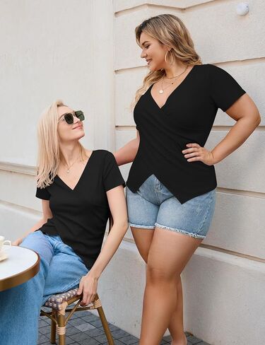 Micoson Women's Cross Wrap Tops Summer Deep V Neck T Shirts Casual Sexy Knit Short Sleeve Blouses Slim Fit Ruched Shirts in Saudi Arabia