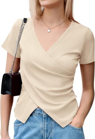 Micoson Women's Cross Wrap Tops Summer Deep V Neck T Shirts Casual Sexy Knit Short Sleeve Blouses Slim Fit Ruched Shirts in Saudi Arabia