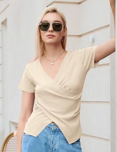 Micoson Women's Cross Wrap Tops Summer Deep V Neck T Shirts Casual Sexy Knit Short Sleeve Blouses Slim Fit Ruched Shirts in Saudi Arabia