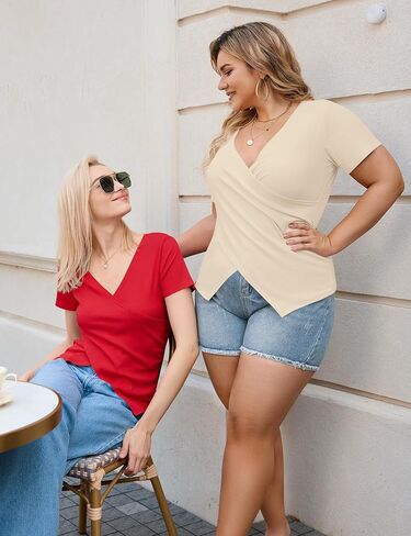 Micoson Women's Cross Wrap Tops Summer Deep V Neck T Shirts Casual Sexy Knit Short Sleeve Blouses Slim Fit Ruched Shirts in Saudi Arabia