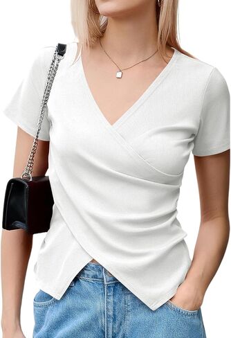 Micoson Women's Cross Wrap Tops Summer Deep V Neck T Shirts Casual Sexy Knit Short Sleeve Blouses Slim Fit Ruched Shirts in Saudi Arabia
