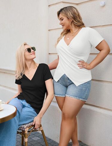 Micoson Women's Cross Wrap Tops Summer Deep V Neck T Shirts Casual Sexy Knit Short Sleeve Blouses Slim Fit Ruched Shirts in Saudi Arabia