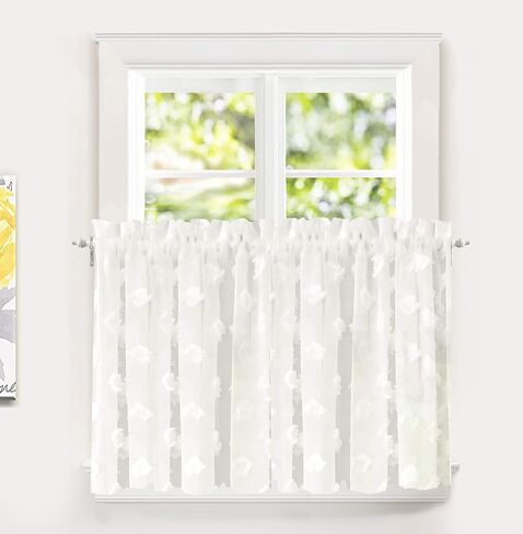 DriftAway Olivia White Voile Chiffon Sheer Kitchen Tier Window Treatment المطرزة بوم بوم مجموعة من 2 قضيب جيب كل 26 بوصة × 36 بوصة بالإضافة إلى رأس 2 بوصة أوف وايت in Kuwait