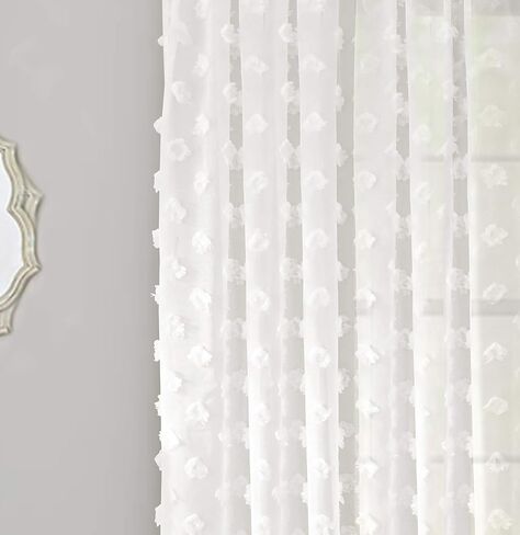 DriftAway Olivia White Voile Chiffon Sheer Kitchen Tier Window Treatment المطرزة بوم بوم مجموعة من 2 قضيب جيب كل 26 بوصة × 36 بوصة بالإضافة إلى رأس 2 بوصة أوف وايت in Kuwait