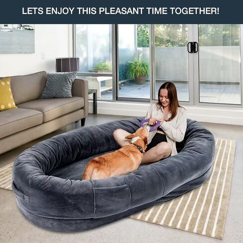 Human Dog Bed for Adults, 71"x51"x12" Human Size Dog Bed, Giant Dog Bed for People Napping, Extra Large Human Dog Bed for People Adults, Washable Faux Fur Fluffy Dog Bed for Large Dogs in Saudi Arabia