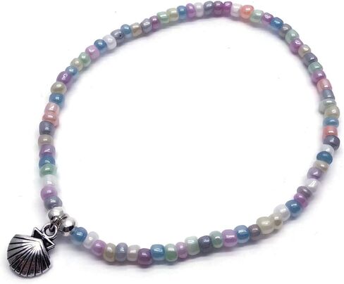 Shell Charm Beaded Anklet - Pastel Glass Seed Bead Mix with Silver Tone Charm - Size 10 inches in Saudi Arabia