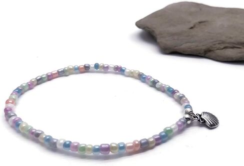 Shell Charm Beaded Anklet - Pastel Glass Seed Bead Mix with Silver Tone Charm - Size 10 inches in Saudi Arabia