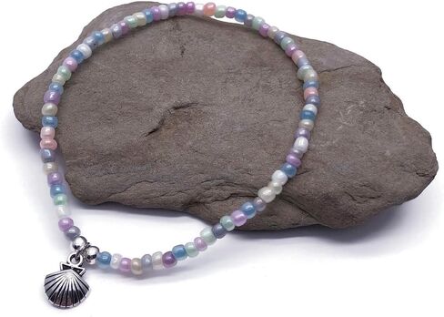 Shell Charm Beaded Anklet - Pastel Glass Seed Bead Mix with Silver Tone Charm - Size 10 inches in Saudi Arabia