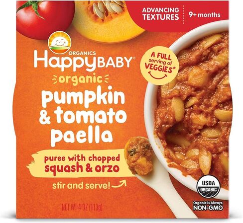 هابي بيبي أورجانيكس، أغذية الأطفال، وعاء ذو ​​قوام متطور، هريس اليقطين والطماطم مع القرع المفروم والأورزو، 118 مل in Kuwait