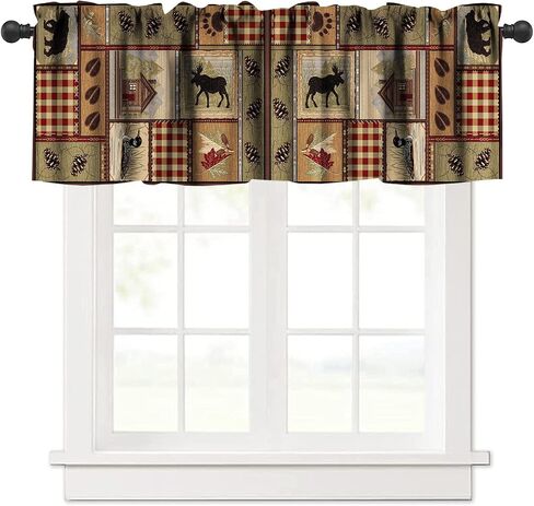 Bear Deer Kitchen Curtain Valance, Rustic Forest Elk Bear Country Hunting Wildlife Vintage Wooden Barn Geometric Window Valance, for Bedroom Living Room Cafe Bathroom W54xL18in 1 Panels in Saudi Arabia