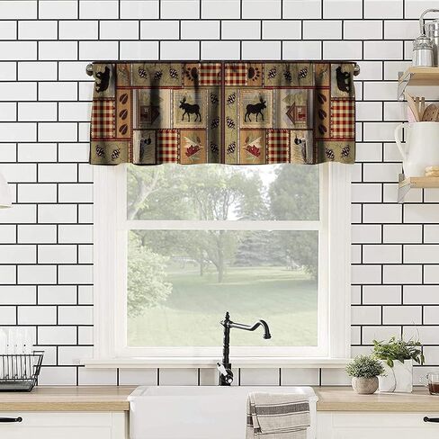 Bear Deer Kitchen Curtain Valance, Rustic Forest Elk Bear Country Hunting Wildlife Vintage Wooden Barn Geometric Window Valance, for Bedroom Living Room Cafe Bathroom W54xL18in 1 Panels in Saudi Arabia