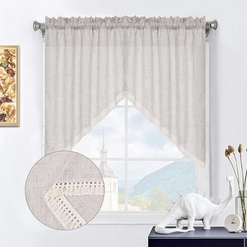 BLEUM CADE الكتان محكم الستارة غنيمة الستارة مع شرابات مزرعة ضوء تصفية قصيرة غنيمة توبر للنوافذ الصغيرة غرفة نوم الخصوصية المضافة قضيب جيب ستارة المطبخ الستارة 36 ​​"× 36"، 2 لوحات in Kuwait