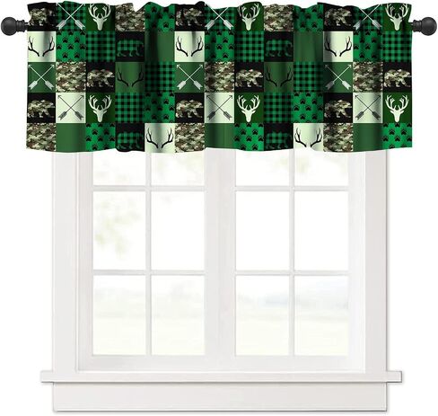 Bear Deer Kitchen Curtain Valance, Rustic Forest Elk Bear Country Hunting Wildlife Vintage Wooden Barn Geometric Window Valance, for Bedroom Living Room Cafe Bathroom W54xL18in 1 Panels in Saudi Arabia