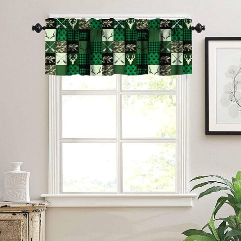 Bear Deer Kitchen Curtain Valance, Rustic Forest Elk Bear Country Hunting Wildlife Vintage Wooden Barn Geometric Window Valance, for Bedroom Living Room Cafe Bathroom W54xL18in 1 Panels in Saudi Arabia