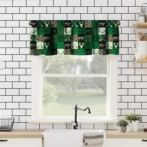 Bear Deer Kitchen Curtain Valance, Rustic Forest Elk Bear Country Hunting Wildlife Vintage Wooden Barn Geometric Window Valance, for Bedroom Living Room Cafe Bathroom W54xL18in 1 Panels in Saudi Arabia