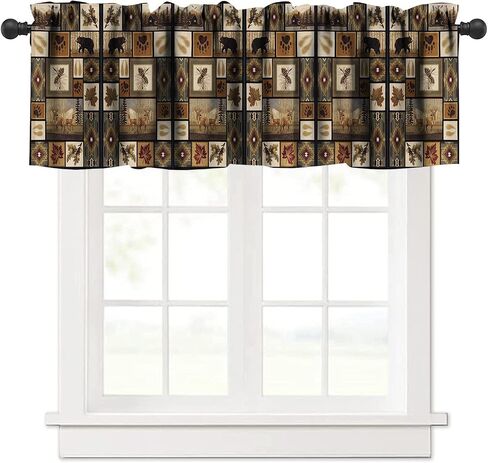 Bear Deer Kitchen Curtain Valance, Rustic Forest Elk Bear Country Hunting Wildlife Vintage Wooden Barn Geometric Window Valance, for Bedroom Living Room Cafe Bathroom W54xL18in 1 Panels in Saudi Arabia