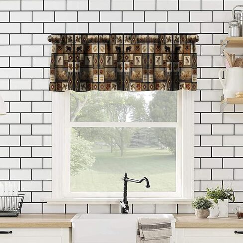 Bear Deer Kitchen Curtain Valance, Rustic Forest Elk Bear Country Hunting Wildlife Vintage Wooden Barn Geometric Window Valance, for Bedroom Living Room Cafe Bathroom W54xL18in 1 Panels in Saudi Arabia