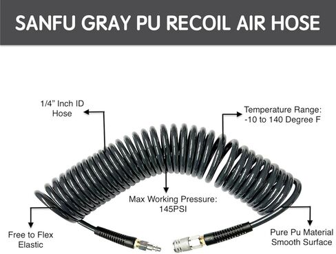 خرطوم ضاغط الهواء من مادة البولي يوريثين (PU) بقطر داخلي 1/4 بوصة وطول 25 بوصة مع مقيد الانحناء، وتركيبات MNPT 1/4 بوصة ووصلة توصيل سريعة من الفولاذ وقابس، رمادي (25 بوصة) in Kuwait