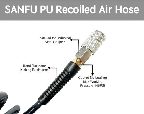 خرطوم ضاغط الهواء من مادة البولي يوريثين (PU) بقطر داخلي 1/4 بوصة وطول 25 بوصة مع مقيد الانحناء، وتركيبات MNPT 1/4 بوصة ووصلة توصيل سريعة من الفولاذ وقابس، رمادي (25 بوصة) in Kuwait