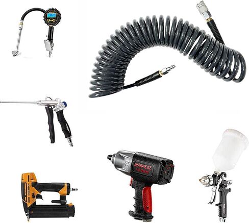 خرطوم ضاغط الهواء من مادة البولي يوريثين (PU) بقطر داخلي 1/4 بوصة وطول 25 بوصة مع مقيد الانحناء، وتركيبات MNPT 1/4 بوصة ووصلة توصيل سريعة من الفولاذ وقابس، رمادي (25 بوصة) in Kuwait