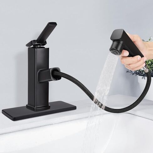 Bathroom Sink Faucet with Pull Out Sprayer, 3 Water Flow Modes Modern Bathroom Faucet with Pop-up Drain Stopper, Single Hole Pull Down Vessel Sink Faucet (Black) in Saudi Arabia