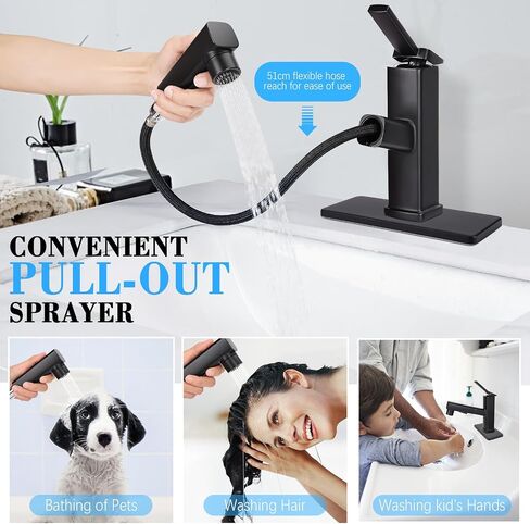 Bathroom Sink Faucet with Pull Out Sprayer, 3 Water Flow Modes Modern Bathroom Faucet with Pop-up Drain Stopper, Single Hole Pull Down Vessel Sink Faucet (Black) in Saudi Arabia