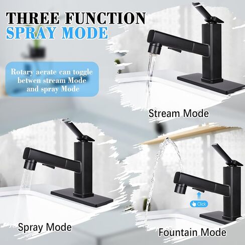 Bathroom Sink Faucet with Pull Out Sprayer, 3 Water Flow Modes Modern Bathroom Faucet with Pop-up Drain Stopper, Single Hole Pull Down Vessel Sink Faucet (Black) in Saudi Arabia