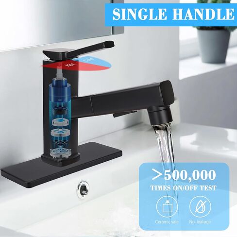 Bathroom Sink Faucet with Pull Out Sprayer, 3 Water Flow Modes Modern Bathroom Faucet with Pop-up Drain Stopper, Single Hole Pull Down Vessel Sink Faucet (Black) in Saudi Arabia