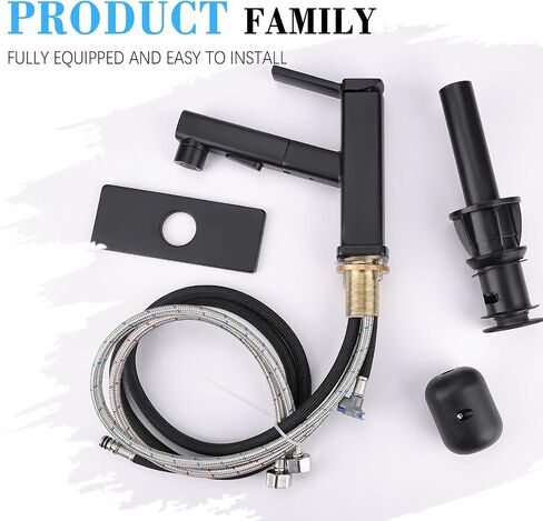 Bathroom Sink Faucet with Pull Out Sprayer, 3 Water Flow Modes Modern Bathroom Faucet with Pop-up Drain Stopper, Single Hole Pull Down Vessel Sink Faucet (Black) in Saudi Arabia
